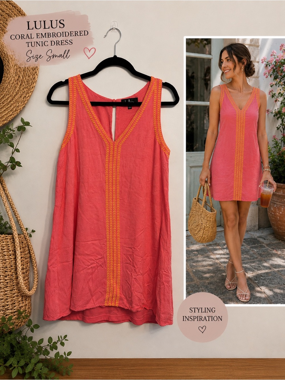 Lulus Coral Embroidered Sleeveless Shift Dress Small Boho Summer